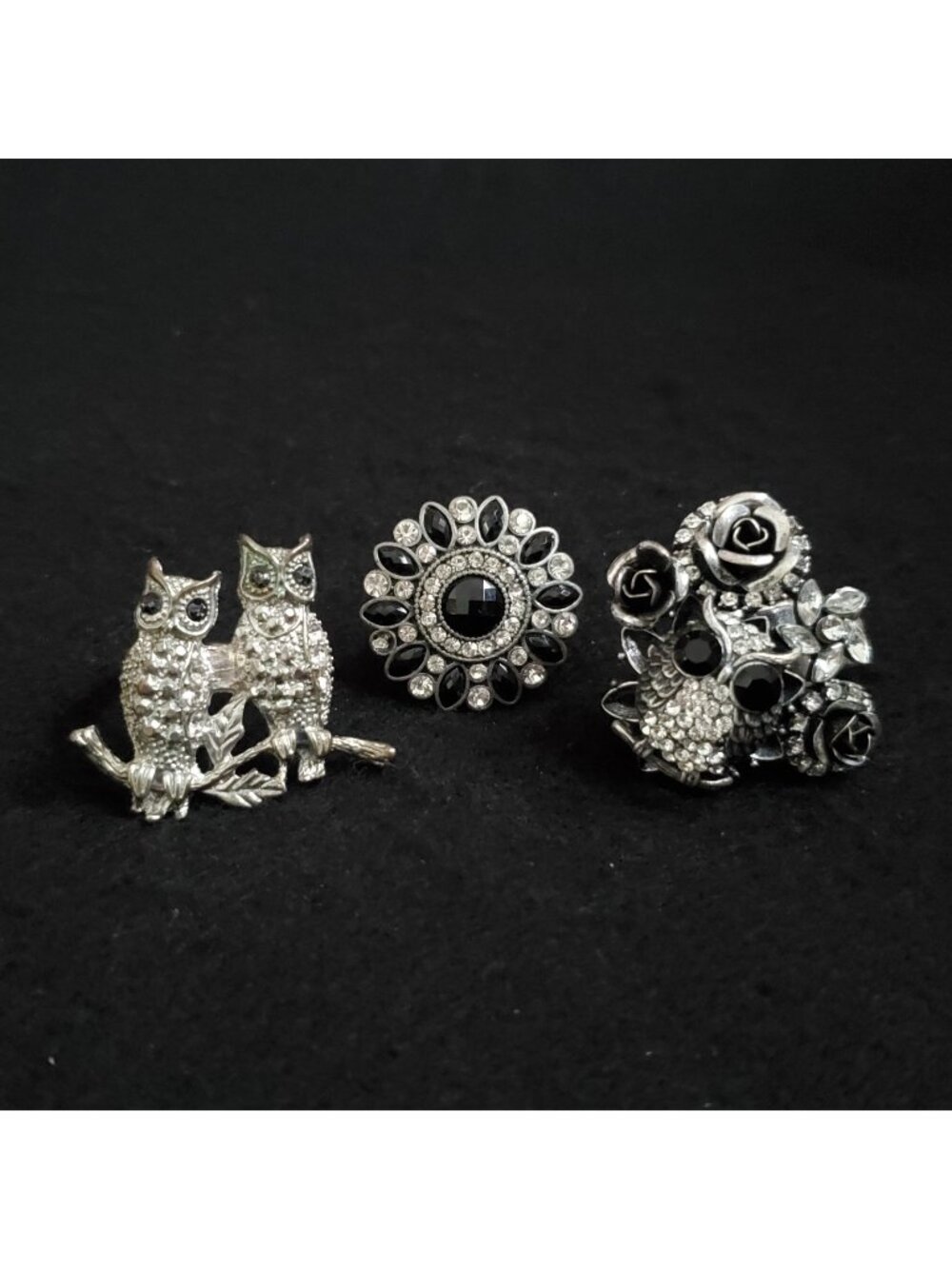 Owl Ring Flower Rhinestone Silver Tone Black Lot of 3 Sz 6.5 8 9